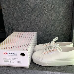 SUPERGA White Leather Platform Sneakers, size 7.